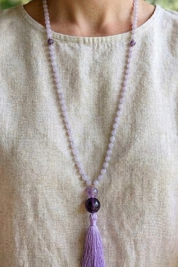 Mala da meditazione in Ametista lavanda 108 perle, Perla Guru in ametista e rame