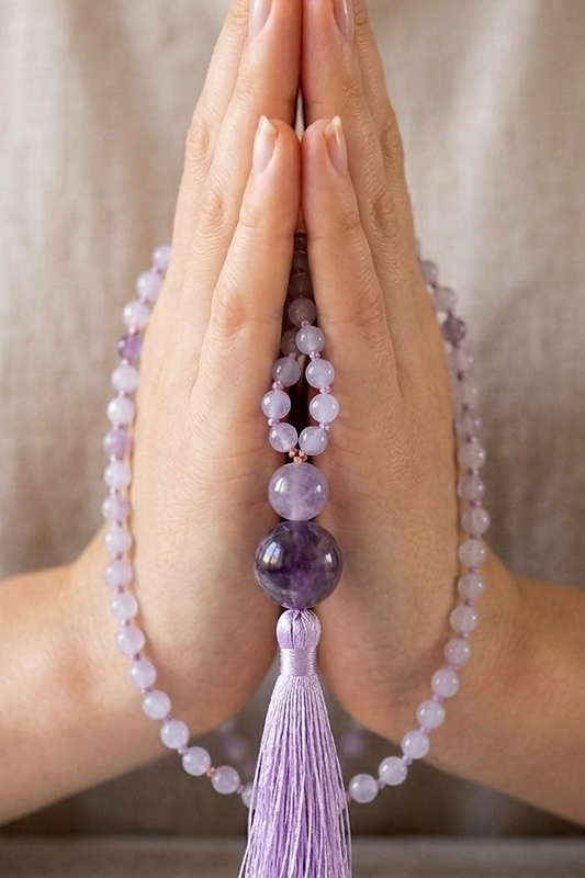 Mala da meditazione in Ametista lavanda 108 perle, Perla Guru in ametista e rame