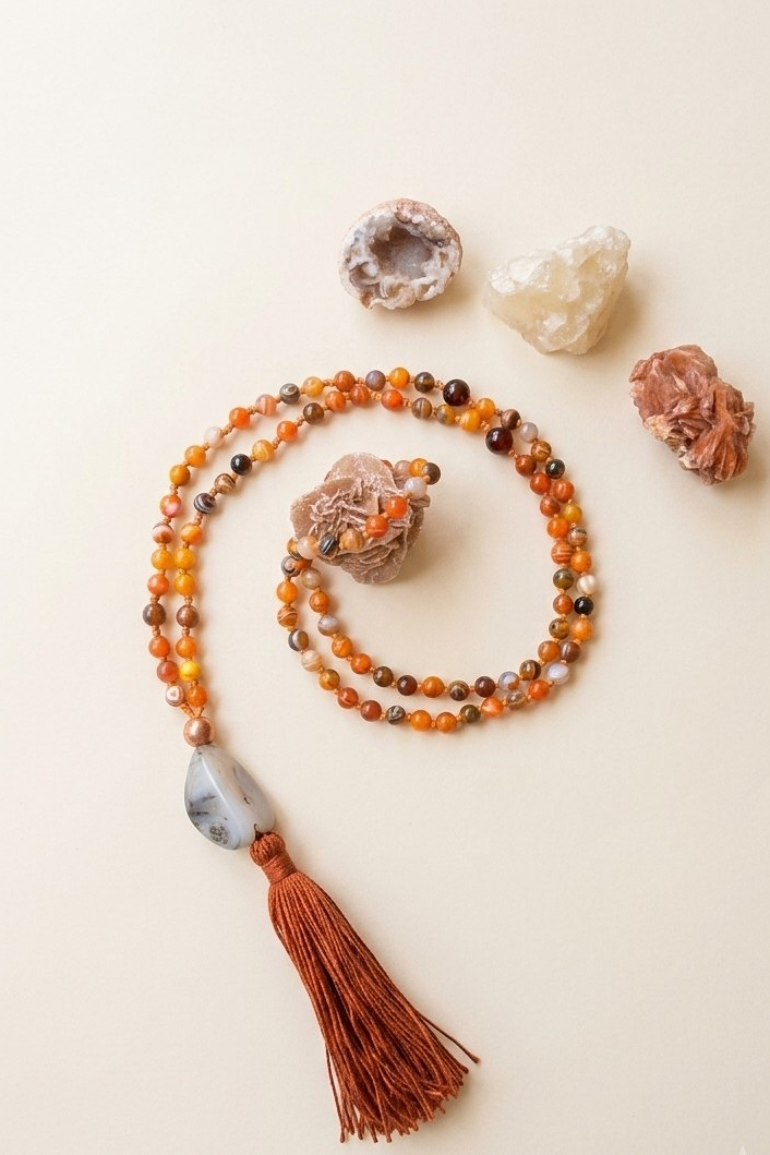 Mala fatta a mano con pietre dure naturali in Diaspro calabrone, Pietra Guru Agata Botswana, Rame