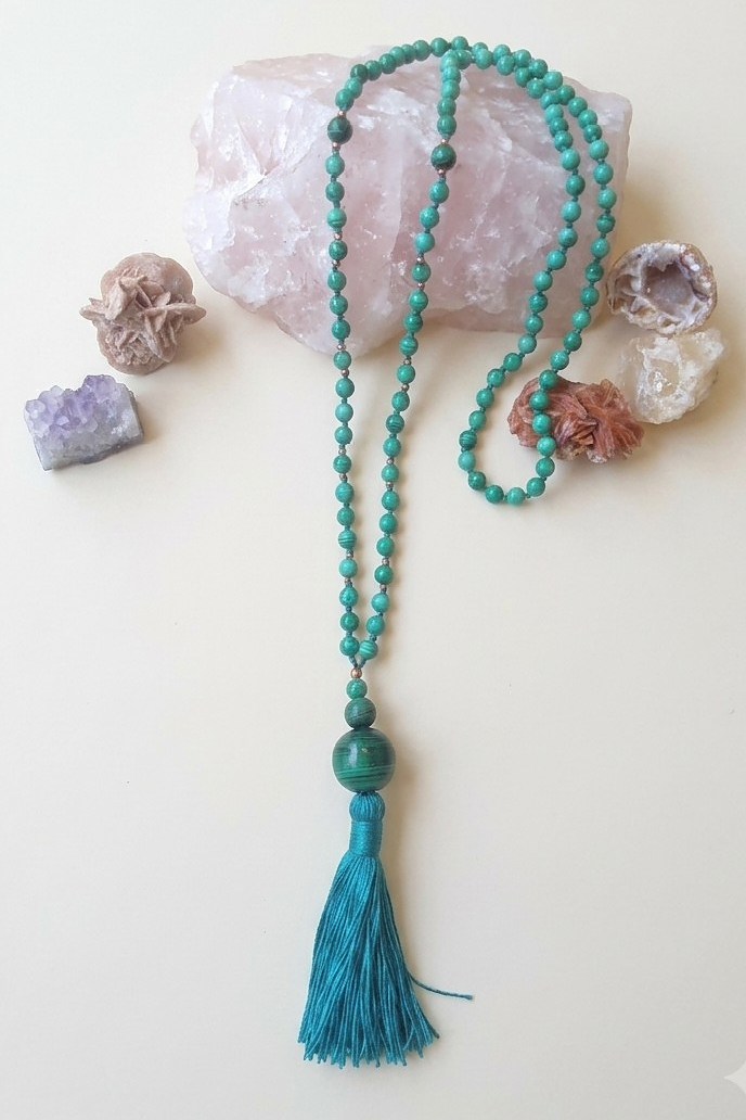 Mala 108 con pietre naturali di Malachite, Perla Guru Malachite