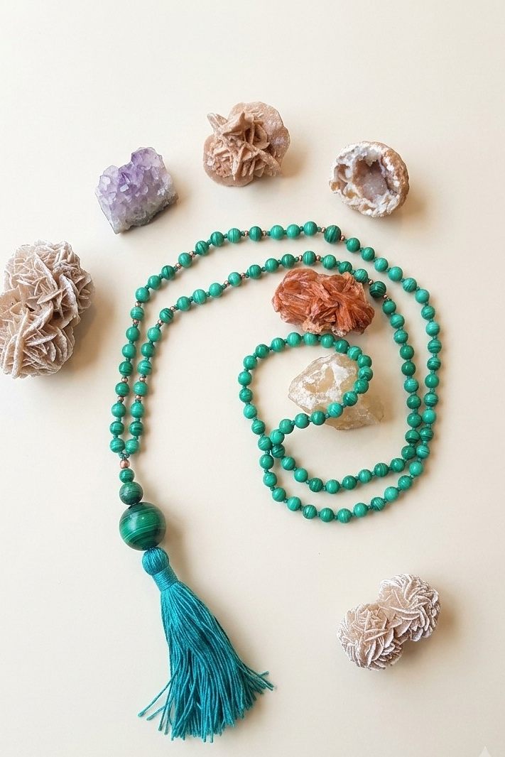 Mala 108 con pietre naturali di Malachite, Perla Guru Malachite