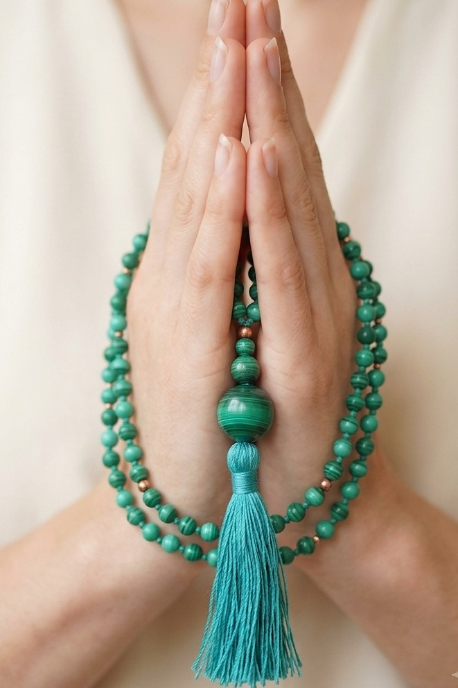 Mala 108 con pietre naturali di Malachite, Perla Guru Malachite