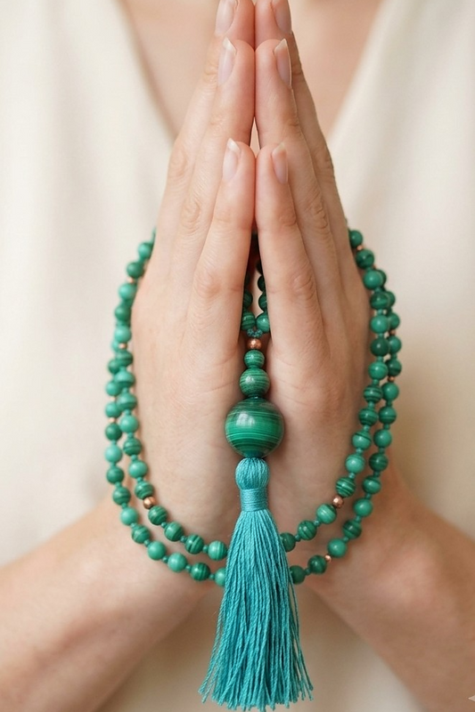 Mala 108 con pietre naturali di Malachite, Perla Guru Malachite