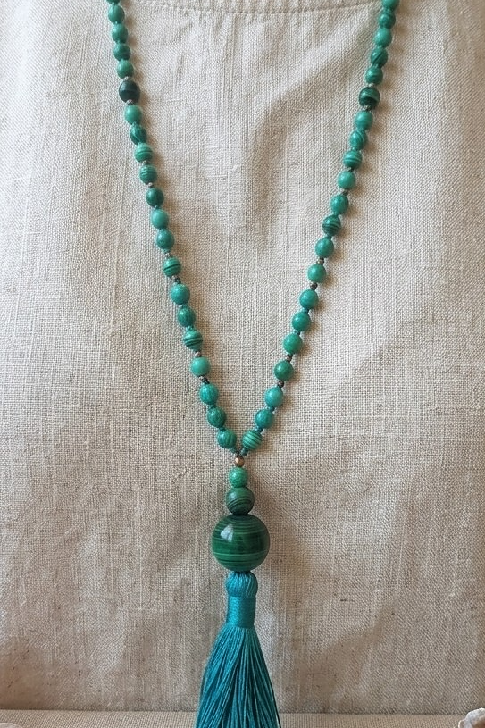 Mala 108 con pietre naturali di Malachite, Perla Guru Malachite