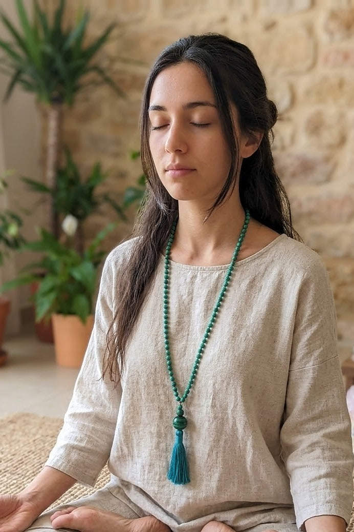 Mala 108 con pietre naturali di Malachite, Perla Guru Malachite