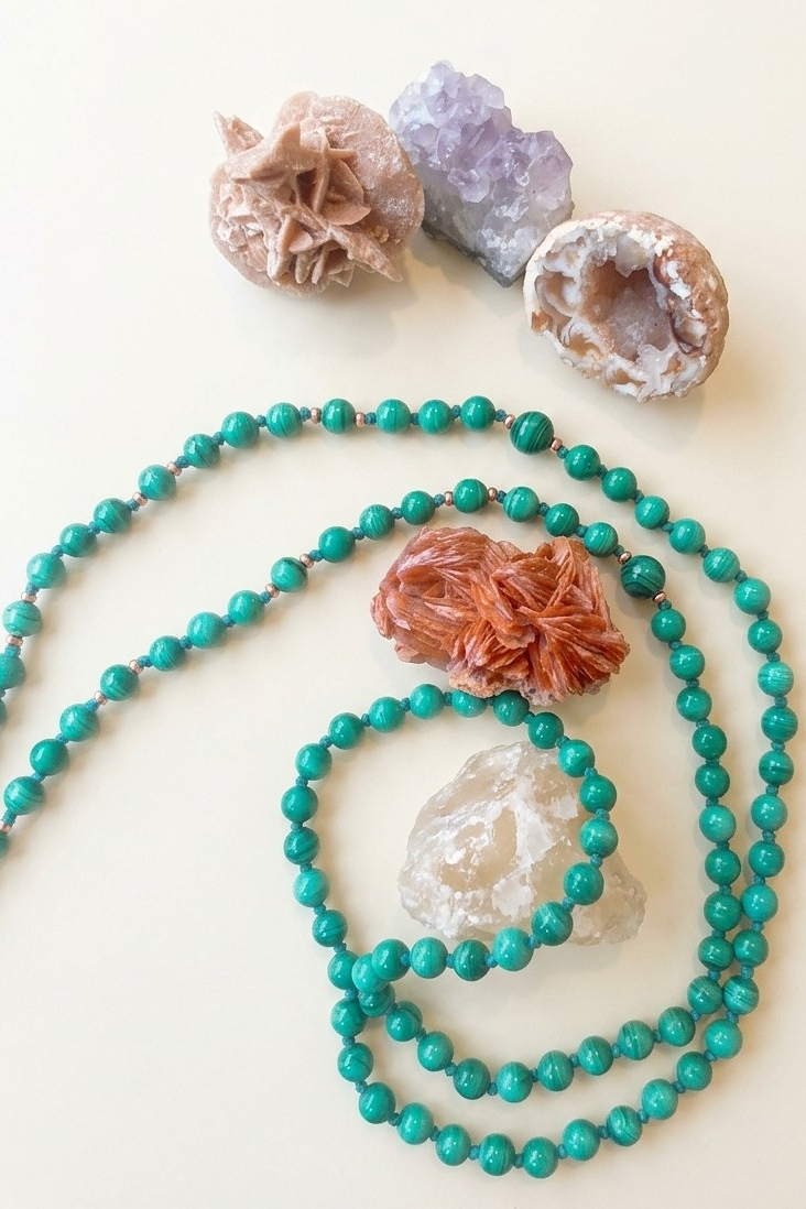 Mala 108 con pietre naturali di Malachite, Perla Guru Malachite