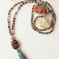 Mala fatta a mano con pietre dure naturali in Eliotropio, Pietra Guru Labradorite e Occhio di bue, Rame