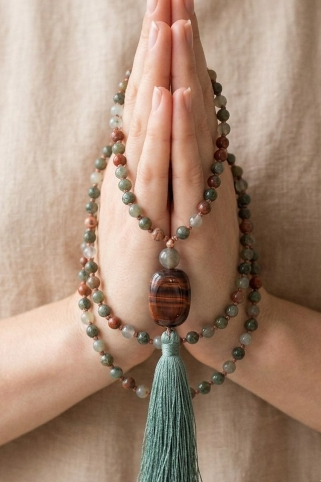 Mala fatta a mano con pietre dure naturali in Eliotropio, Pietra Guru Labradorite e Occhio di bue, Rame