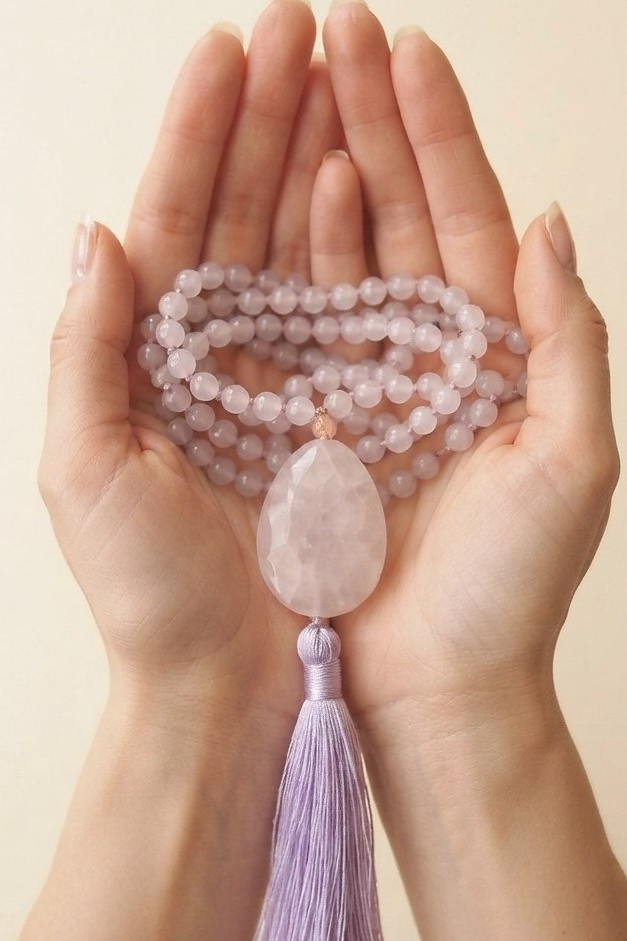 Mala da meditazione in Ametista lavanda, Perla Guru in Quarzo rosa