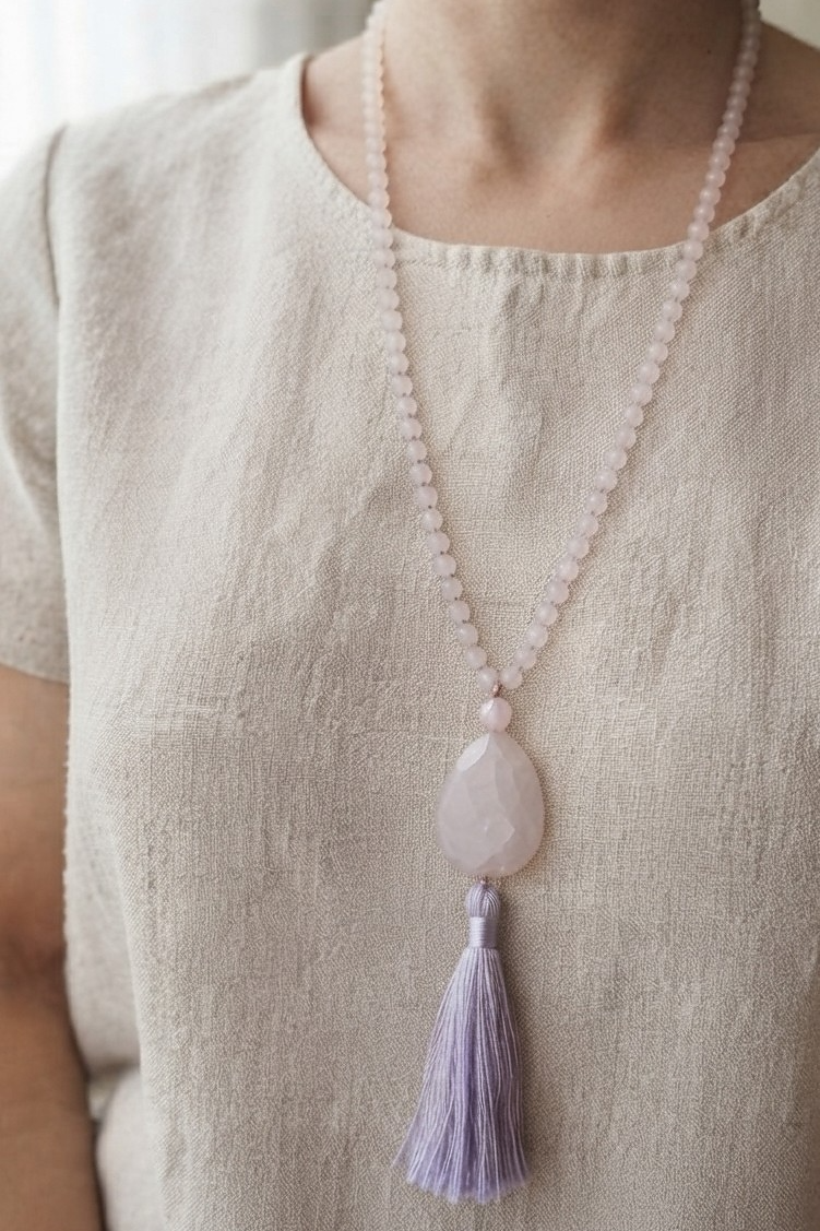 Mala da meditazione in Ametista lavanda, Perla Guru in Quarzo rosa
