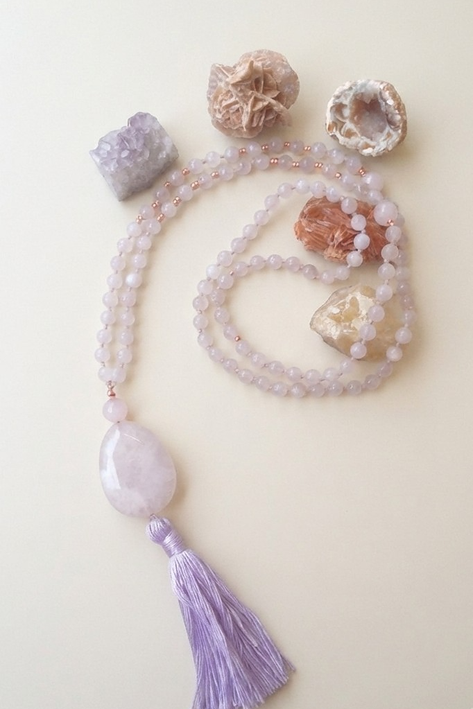 Mala da meditazione in Ametista lavanda, Perla Guru in Quarzo rosa