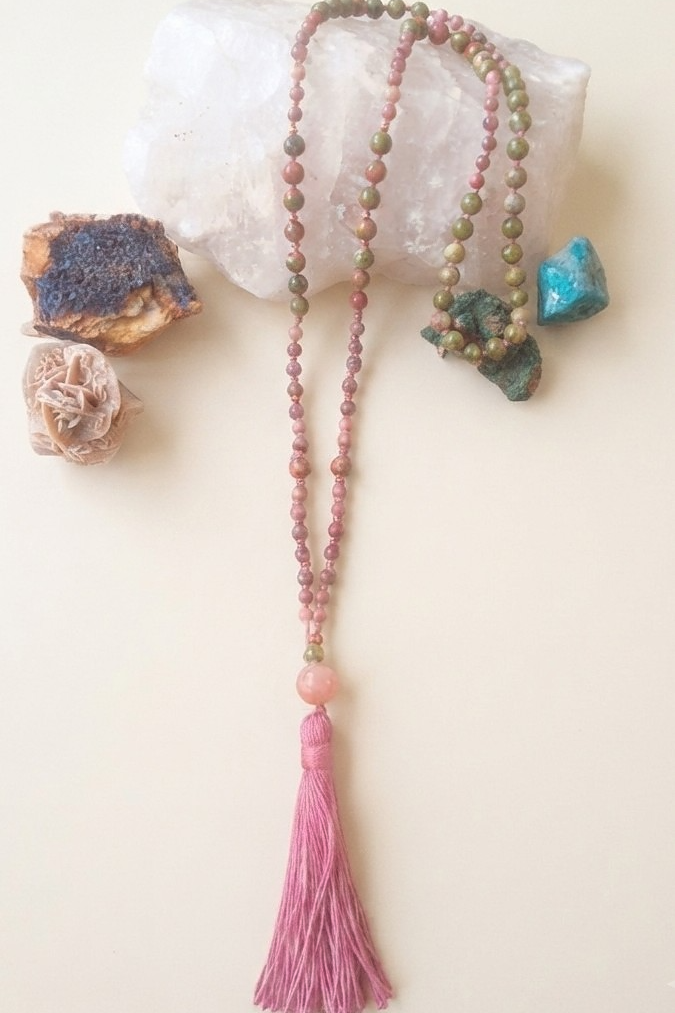 Mala 108 perle di Rodonite, Unakite, Lepidolite, Pietra Guru Pietra di luna, rame