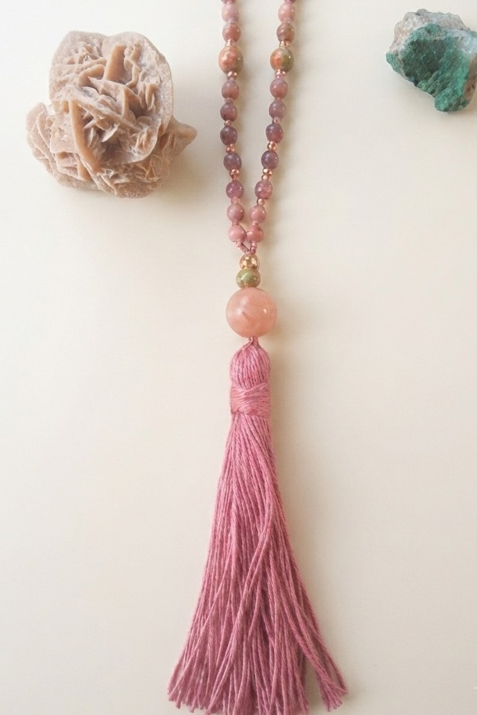 Mala 108 perle di Rodonite, Unakite, Lepidolite, Pietra Guru Pietra di luna, rame