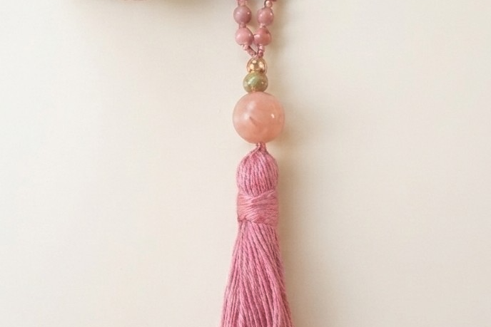 Mala 108 perle di Rodonite, Unakite, Lepidolite, Pietra Guru Pietra di luna, rame