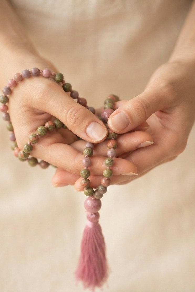 Mala 108 perle di Rodonite, Unakite, Lepidolite, Pietra Guru Pietra di luna, rame