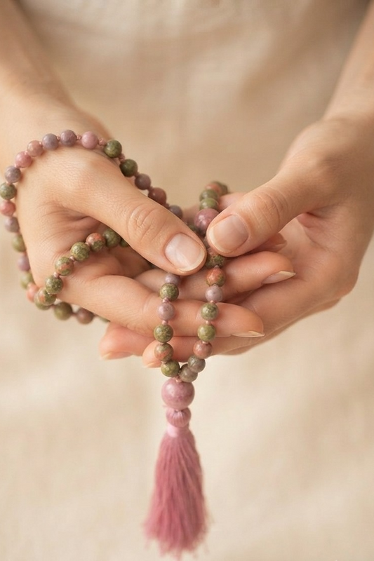 Mala 108 perle di Rodonite, Unakite, Lepidolite, Pietra Guru Pietra di luna, rame