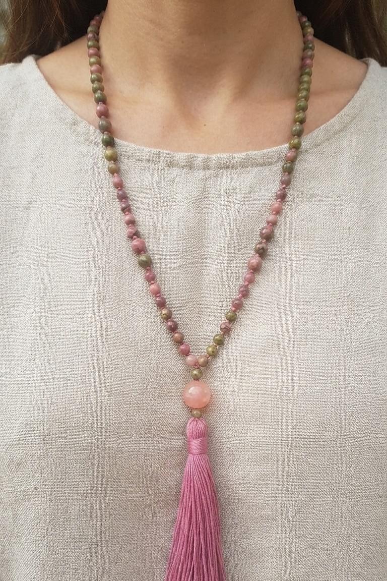 Mala 108 perle di Rodonite, Unakite, Lepidolite, Pietra Guru Pietra di luna, rame