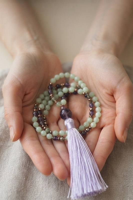 Mala artigianale con pietre naturali di Giadeite, Quarzo Fumè, Cordierite, Pietra Guru Ametista e Rame