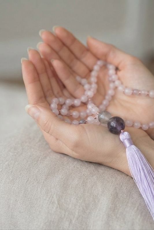 Mala fatta a mano con pietre dure naturali di Kunzite, Pietre Guru Ametista, Rame
