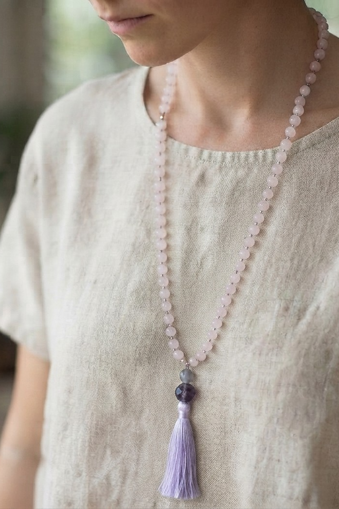Mala fatta a mano con pietre dure naturali di Kunzite, Pietre Guru Ametista, Rame