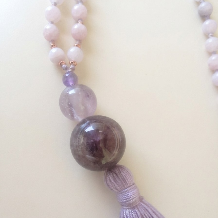 Mala fatta a mano con pietre dure naturali di Kunzite, Pietre Guru Ametista, Rame