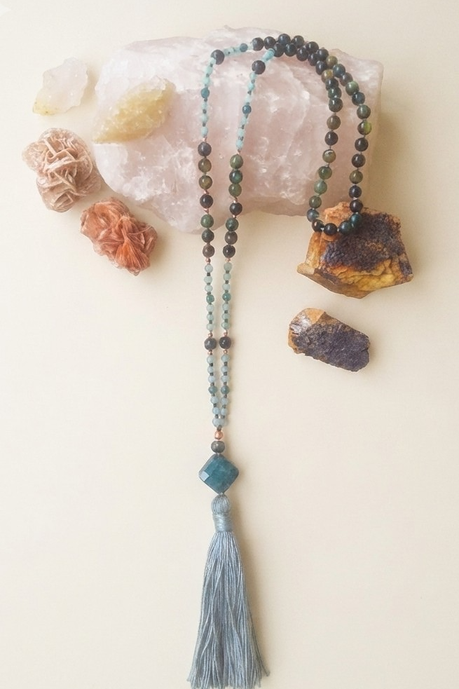 Mala in Occhio di falco, Acquamarina, Apatite, Pietra Guru Apatite, Rame