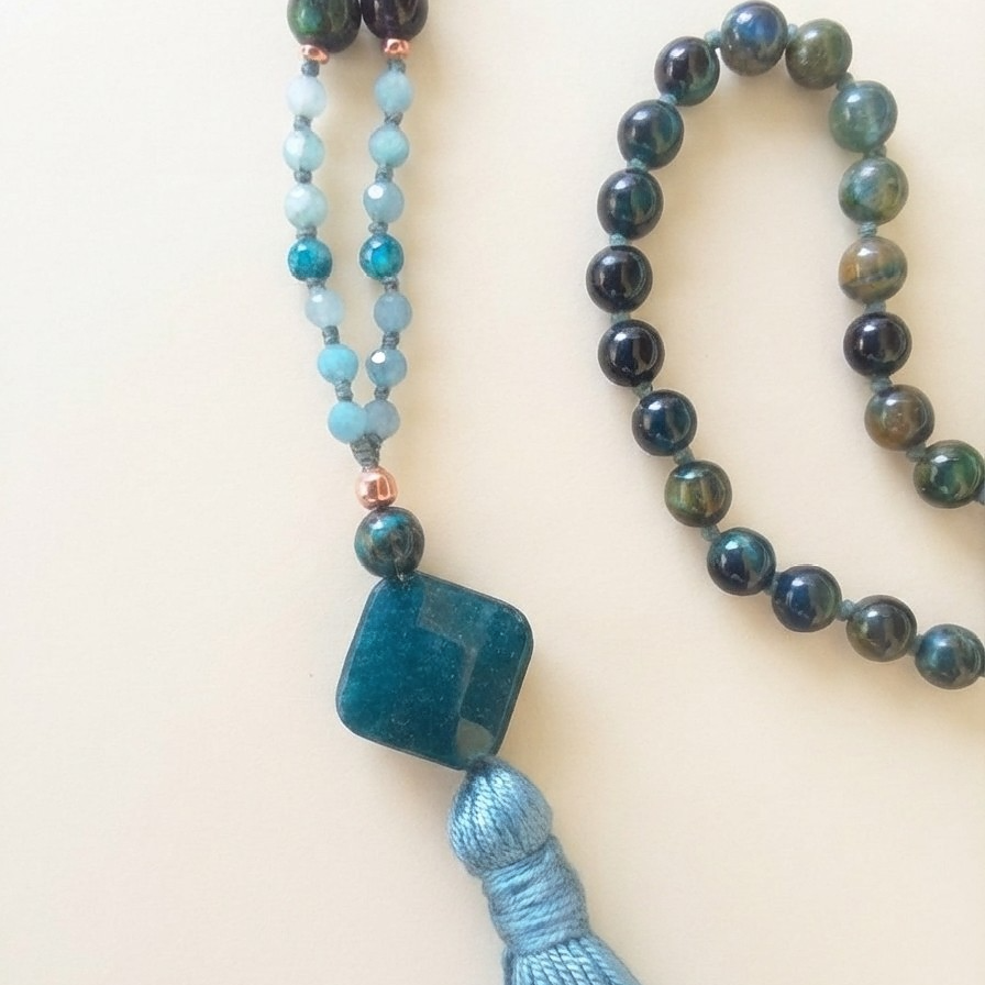 Mala in Occhio di falco, Acquamarina, Apatite, Pietra Guru Apatite, Rame