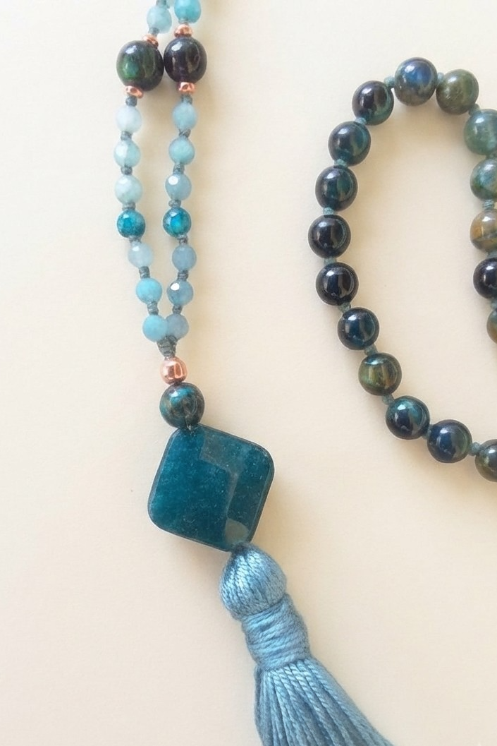 Mala in Occhio di falco, Acquamarina, Apatite, Pietra Guru Apatite, Rame