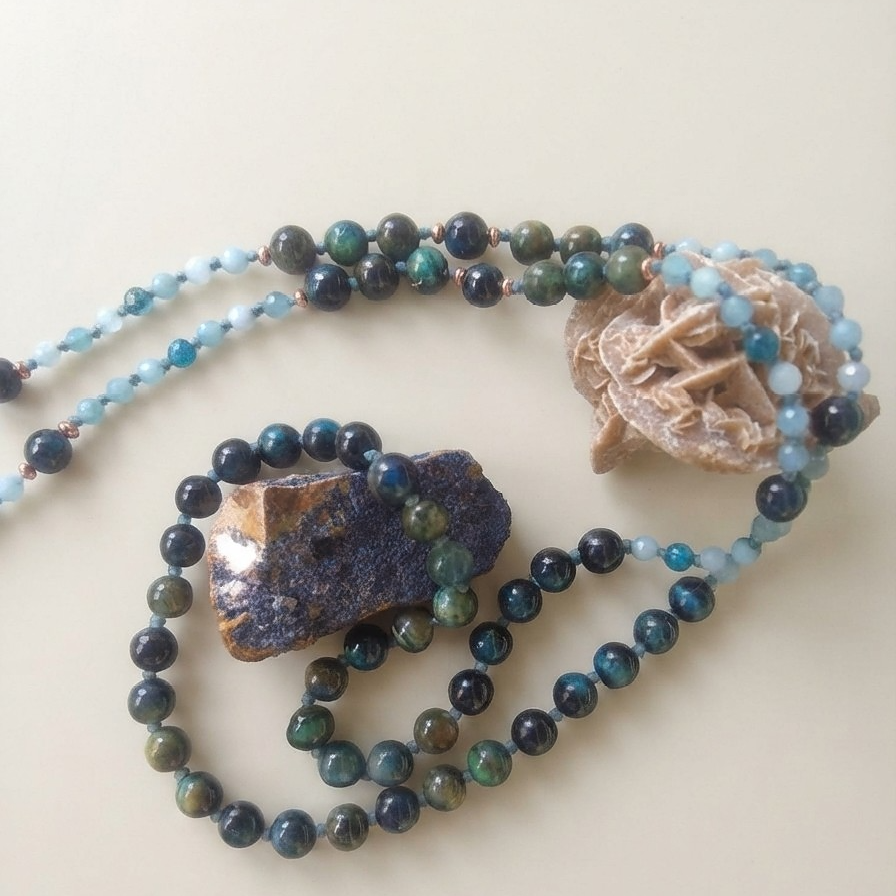 Mala in Occhio di falco, Acquamarina, Apatite, Pietra Guru Apatite, Rame