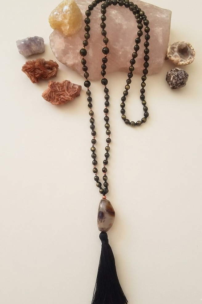 Mala da meditazione in Ossidiana dorata, Pietra Guru Agata, Rame