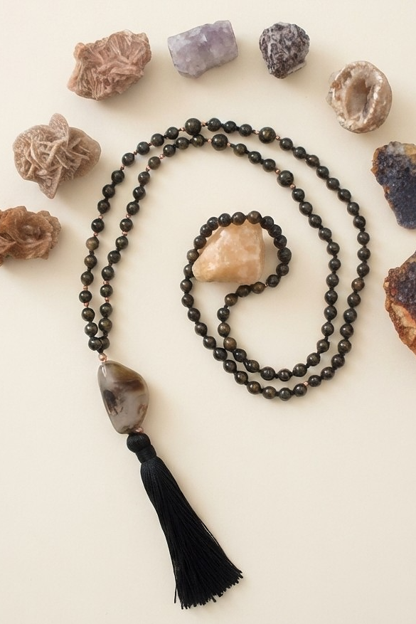 Mala da meditazione in Ossidiana dorata, Pietra Guru Agata, Rame