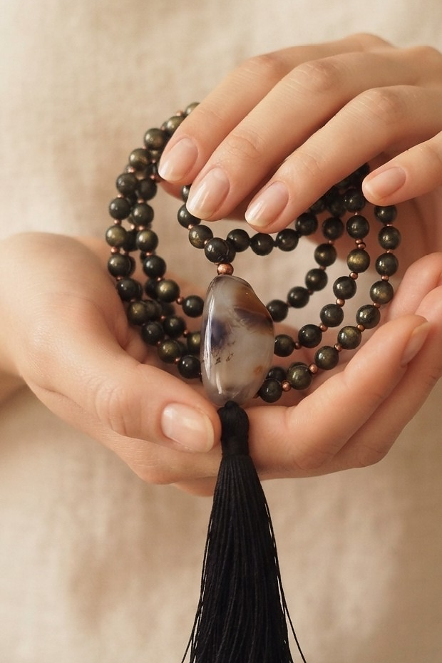 Mala da meditazione in Ossidiana dorata, Pietra Guru Agata, Rame