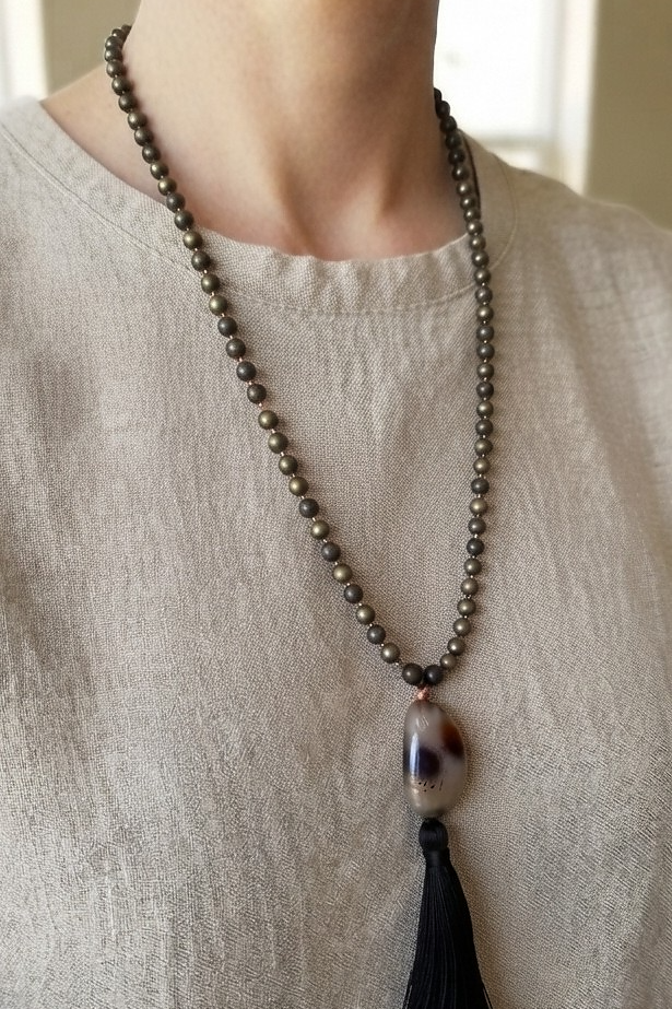 Mala da meditazione in Ossidiana dorata, Pietra Guru Agata, Rame
