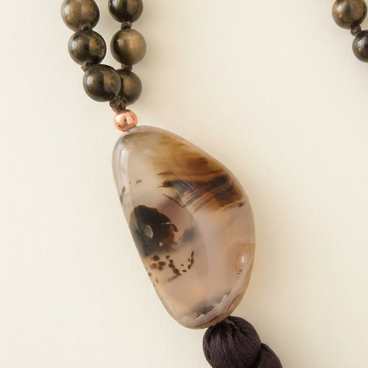 Mala da meditazione in Ossidiana dorata, Pietra Guru Agata, Rame