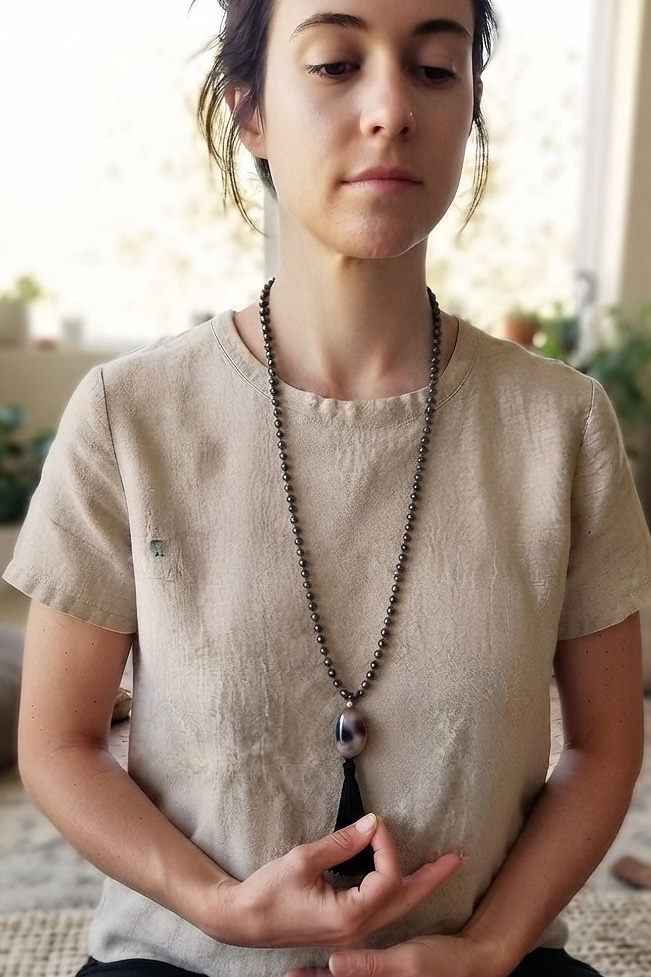 Mala da meditazione in Ossidiana dorata, Pietra Guru Agata, Rame