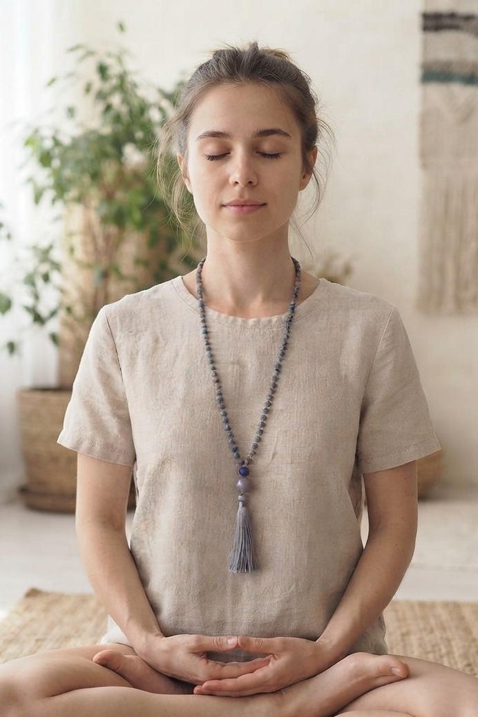 Mala per meditare in Diaspro K2, Pietre Guru Lapislazzuli, Agata grigia e Rame