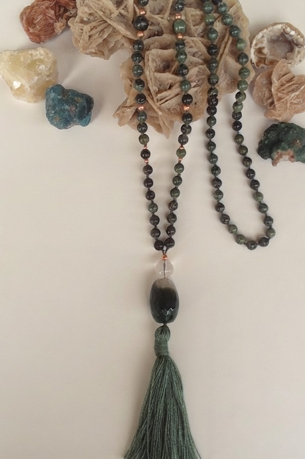 Mala in Diaspro Kambaba, Pietra guru Agata verde, Rame