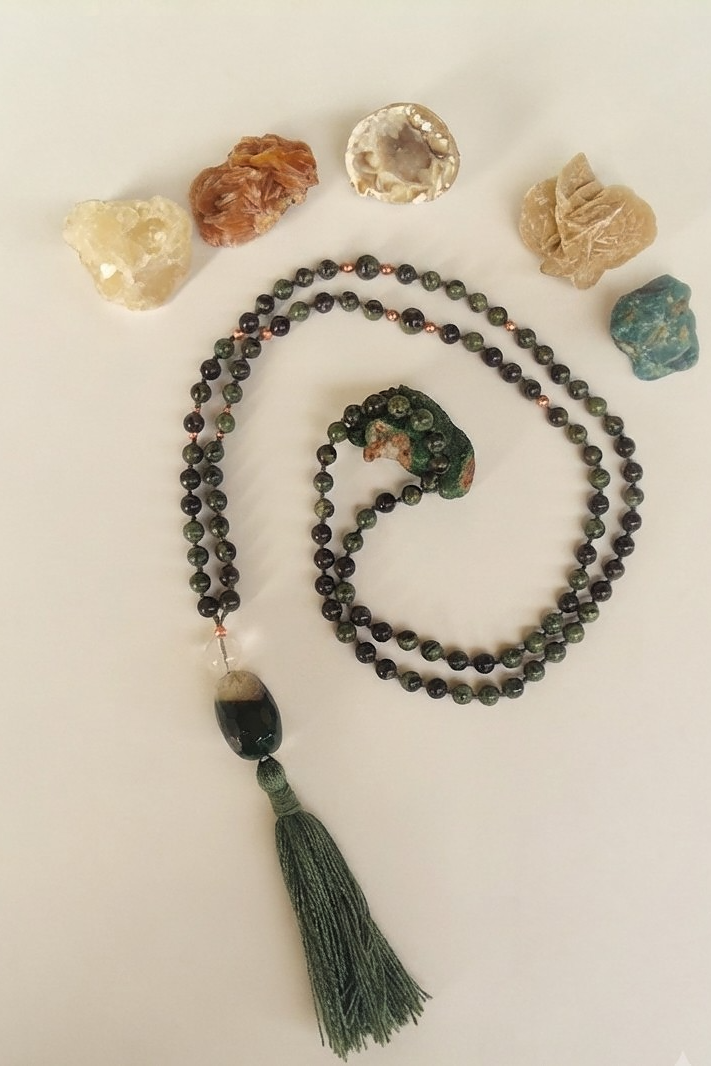 Mala in Diaspro Kambaba, Pietra guru Agata verde, Rame