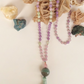 Mala collana con 108 perle di Kunzite, Giadeite, Pietra Guru Agata verde, Rame