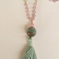 Mala collana con 108 perle di Kunzite, Giadeite, Pietra Guru Agata verde, Rame