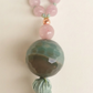 Mala collana con 108 perle di Kunzite, Giadeite, Pietra Guru Agata verde, Rame
