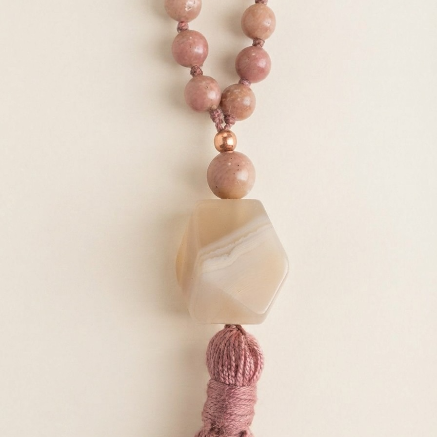 Mala 108 in Rodonite, Magnesite, Pietra Guru Agata bianca e Rame