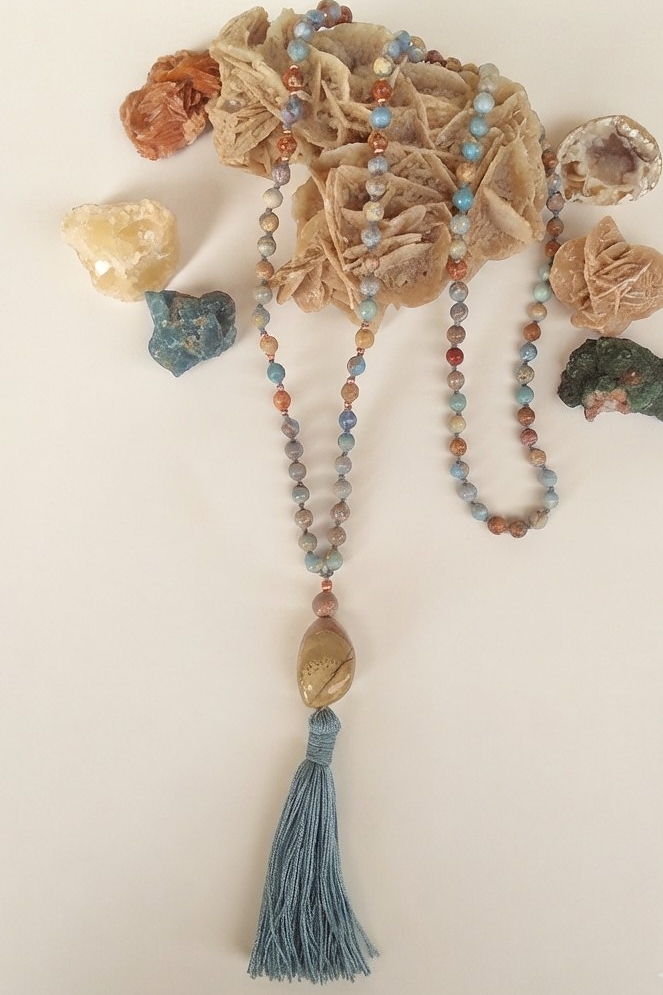 Mala per la meditazione in Diaspro imperiale, Pietra Guru Diaspro, Rame