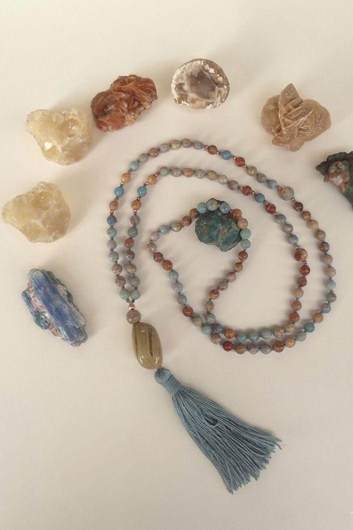 Mala per la meditazione in Diaspro imperiale, Pietra Guru Diaspro, Rame