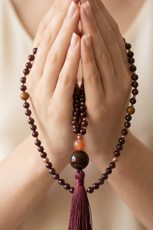 Mala 108 con pietre naturali di Granato almandino, Pietra Guru Pietra di luna e agata, Rame