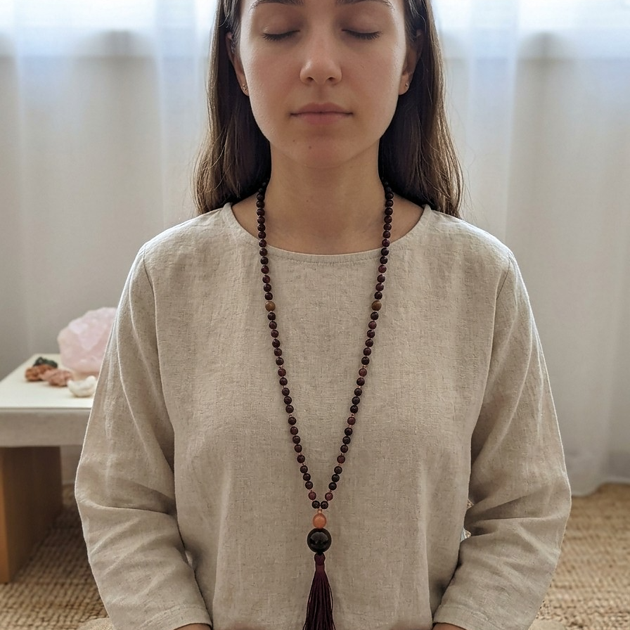 Mala 108 con pietre naturali di Granato almandino, Pietra Guru Pietra di luna e agata, Rame
