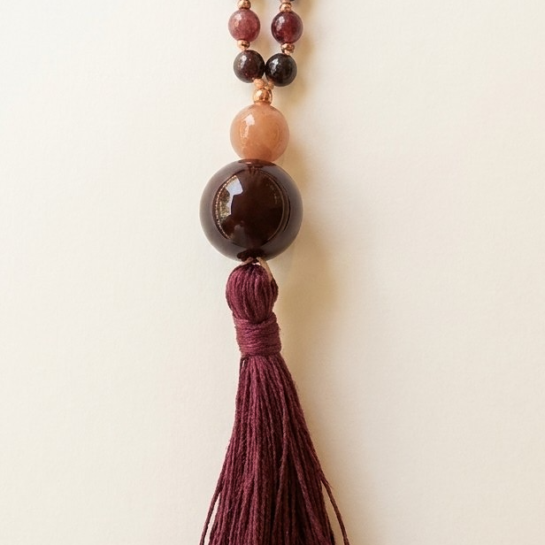 Mala 108 con pietre naturali di Granato almandino, Pietra Guru Pietra di luna e agata, Rame