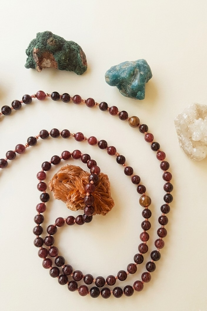 Mala 108 con pietre naturali di Granato almandino, Pietra Guru Pietra di luna e agata, Rame