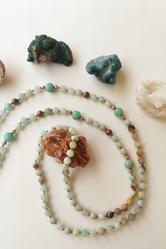 Mala con pietre dure naturali di Amazzonite multicolore, Pietra guru Crisocolla, Amazzonite e Rame