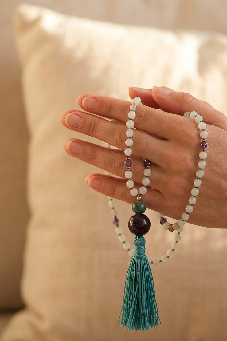 Mala con pietre dure naturali di Amazzonite, Ametista, Pietra guru Azzurrite, Ametista e Rame